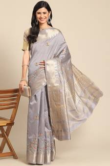 Grey embroidered cotton silk saree with blouse
