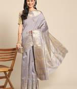 Grey embroidered cotton silk saree with blouse
