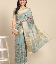 Blue embroidered cotton silk saree with blouse