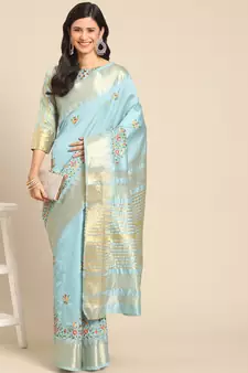 Sky blue embroidered cotton silk saree with blouse