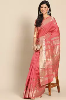 Pink embroidered cotton silk saree with blouse