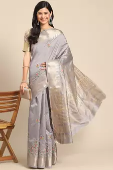 Grey embroidered cotton silk saree with blouse