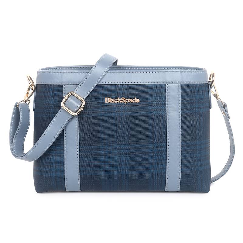 Blue Checked Pattern PU Structured Solid Sling Bag