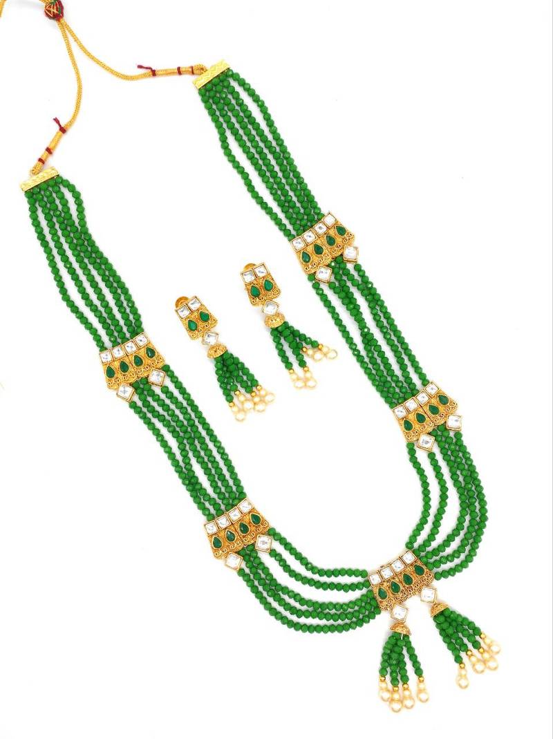 Aarnaa Green Multistrand Beaded Bridal Necklace Earring  Set For Women-NS_1728_G_325