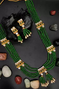 Aarnaa Green Multistrand Beaded Bridal Necklace Earring  Set For Women-NS_1728_G_325