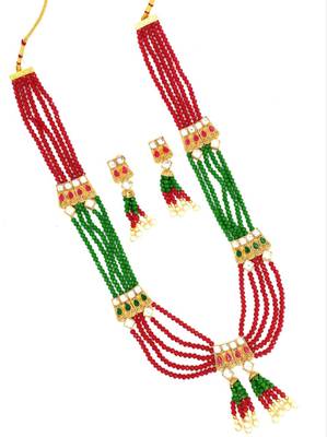 Ruby Green Multistrand Beaded Bridal Necklace Earring  Set For Women-NS_1728_RG_325 1
