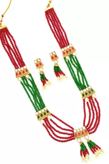 Ruby Green Multistrand Beaded Bridal Necklace Earring  Set For Women-NS_1728_RG_325