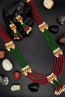 Ruby Green Multistrand Beaded Bridal Necklace Earring  Set For Women-NS_1728_RG_325
