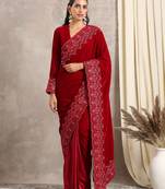 Red Velvet Silk Embroidered Ready Pleated Saree without Blouse