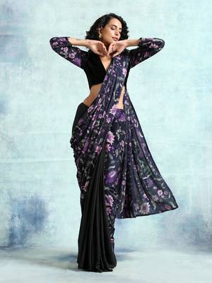 Black Printed Velvet Pre-Stitched Readymade Saree Dress Without Blouse - Pre-stitched-sarees 1