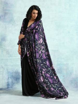 Black Printed Velvet Pre-Stitched Readymade Saree Dress Without Blouse - Pre-stitched-sarees 2
