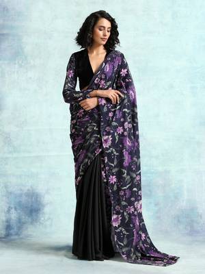 Black Printed Velvet Pre-Stitched Readymade Saree Dress Without Blouse - Pre-stitched-sarees 3