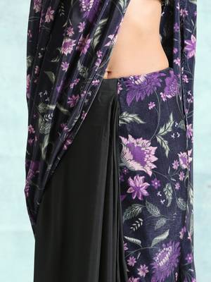 Black Printed Velvet Pre-Stitched Readymade Saree Dress Without Blouse - Pre-stitched-sarees 4