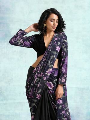 Black Printed Velvet Pre-Stitched Readymade Saree Dress Without Blouse - Pre-stitched-sarees 5