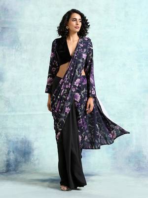 Black Printed Velvet Pre-Stitched Readymade Saree Dress Without Blouse - Pre-stitched-sarees 7