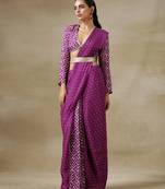 Purple Bandhani Printed Silk Pre-Pleat Stitched Saree Dress with Belt - Pre-stitched-sarees