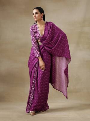 Purple Bandhani Printed Silk Pre-Pleat Stitched Saree Dress with Belt - Pre-stitched-sarees 2