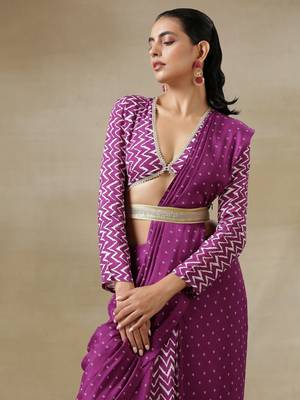 Purple Bandhani Printed Silk Pre-Pleat Stitched Saree Dress with Belt - Pre-stitched-sarees 3