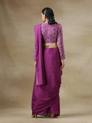 Purple Bandhani Printed Silk Pre-Pleat Stitched Saree Dress with Belt - Pre-stitched-sarees 5