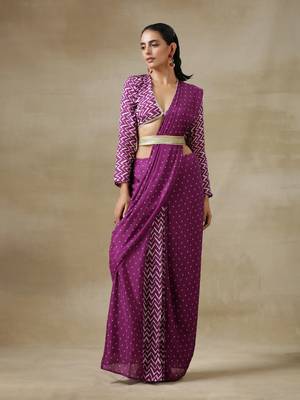 Purple Bandhani Printed Silk Pre-Pleat Stitched Saree Dress with Belt - Pre-stitched-sarees 6