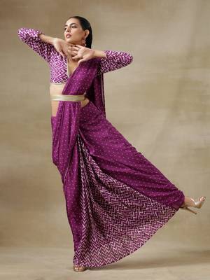 Purple Bandhani Printed Silk Pre-Pleat Stitched Saree Dress with Belt - Pre-stitched-sarees 7