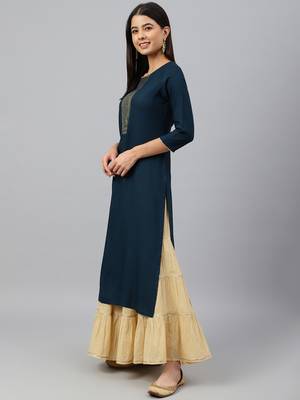 Teal plain rayon ethnic-kurtis 2