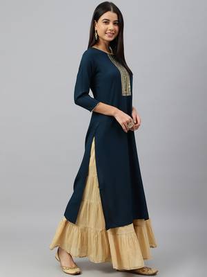 Teal plain rayon ethnic-kurtis 3