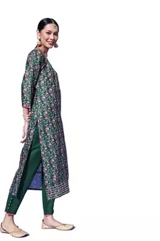 Green floral print blended cotton kurta set