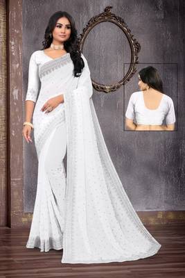 White Georgette Silver Zari Work Saree 1