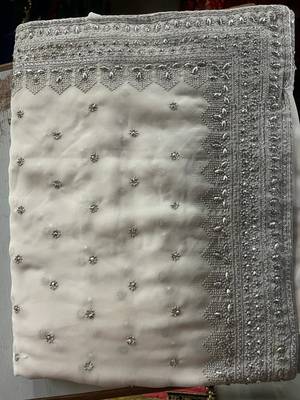 White Georgette Silver Zari Work Saree 2