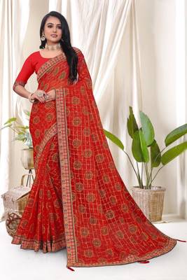 Red Silk Embroidered Bandhani Bandhej Saree 1