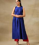 Blue Textured Silk Sleeveless Kurta Pant Set