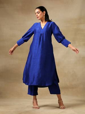 Blue Textured Silk Puff Sleeve Kurta Pant Set 1