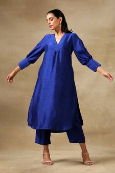 Blue Textured Silk Puff Sleeve Kurta Pant Set