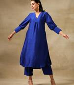 Blue Textured Silk Puff Sleeve Kurta Pant Set