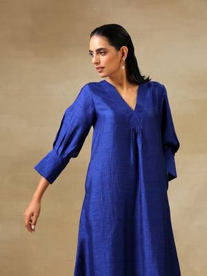 Blue Textured Silk Puff Sleeve Kurta Pant Set 5