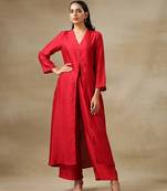 Maroon Textured Silk Front Slit Kurta Pant Set