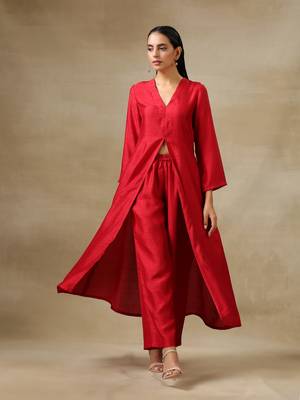 Maroon Textured Silk Front Slit Kurta Pant Set 2