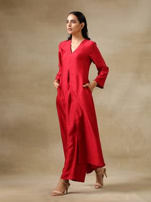 Maroon Textured Silk Front Slit Kurta Pant Set 3