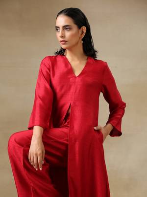 Maroon Textured Silk Front Slit Kurta Pant Set 4