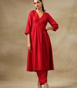 Maroon Textured Silk Overlap Pleat Kurta Pant Set