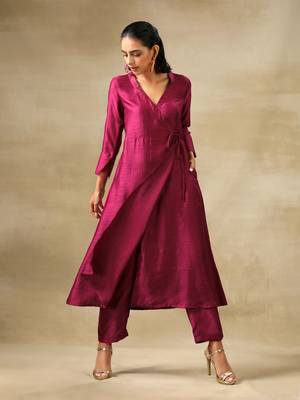 Purple Textured Silk Angrakha Kurta Pant Set 1