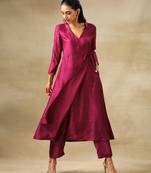 Purple Textured Silk Angrakha Kurta Pant Set