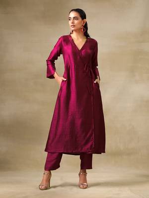 Purple Textured Silk Angrakha Kurta Pant Set 2