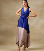 Blue and Grey Textured Silk Sleeveless Round Hemline Kurta Pant Set
