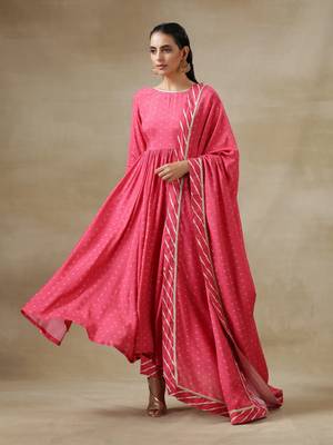 Pink Bandhani Printed Silk Anarkali Kurta Pant Dupatta Set 1