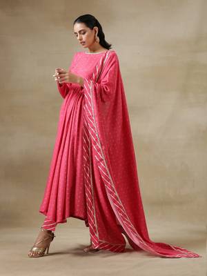 Pink Bandhani Printed Silk Anarkali Kurta Pant Dupatta Set 2