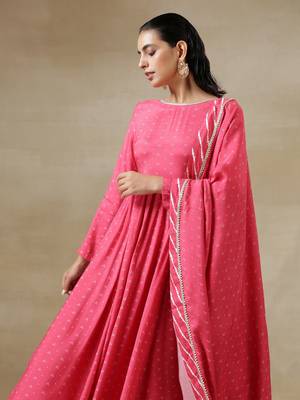 Pink Bandhani Printed Silk Anarkali Kurta Pant Dupatta Set 3