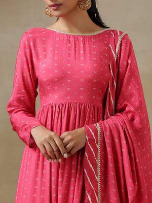 Pink Bandhani Printed Silk Anarkali Kurta Pant Dupatta Set 4