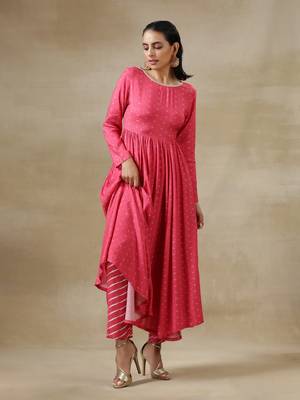 Pink Bandhani Printed Silk Anarkali Kurta Pant Dupatta Set 5